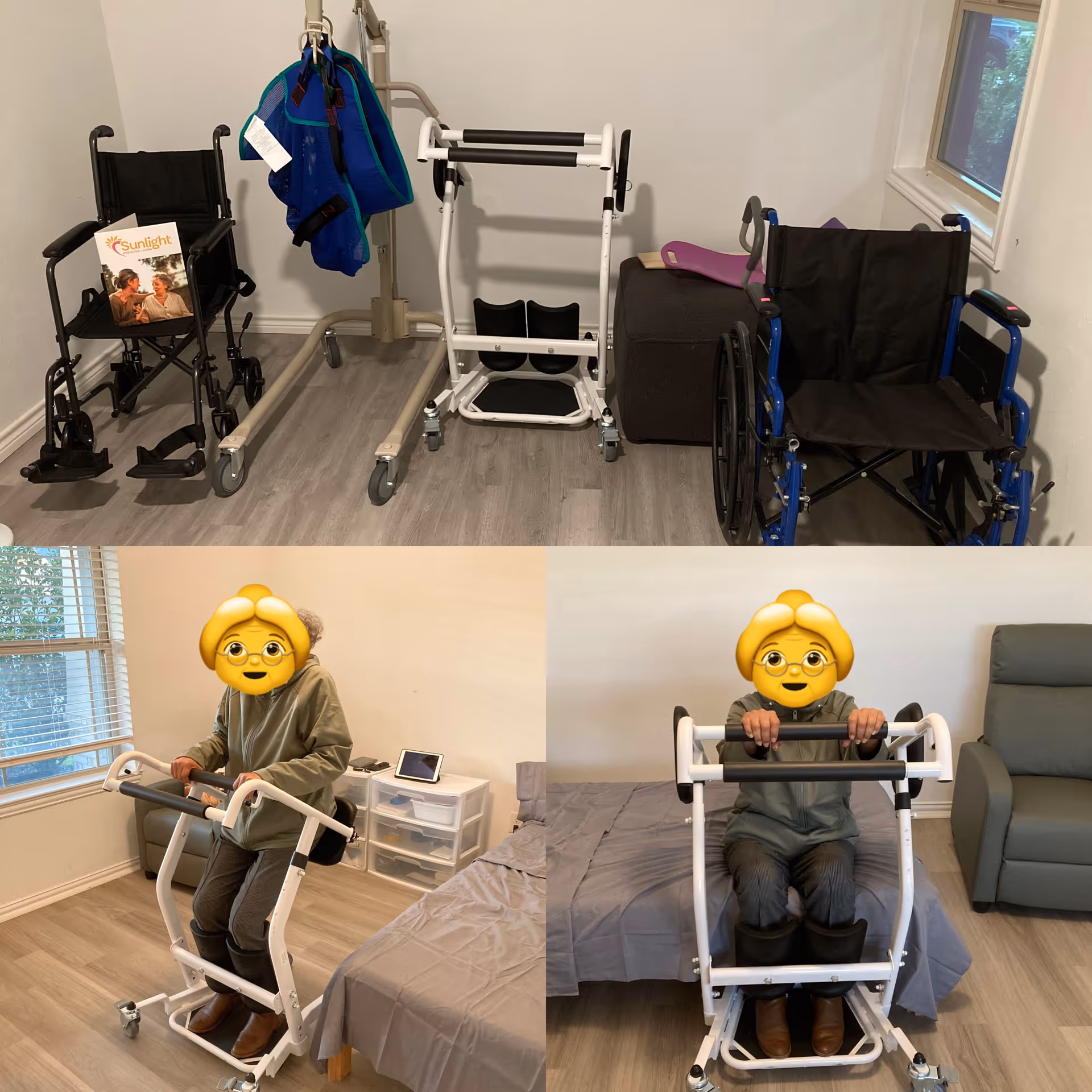 Sunlight Assisted Living interior with wheelchairs, walkers, and residents using standing frames.
