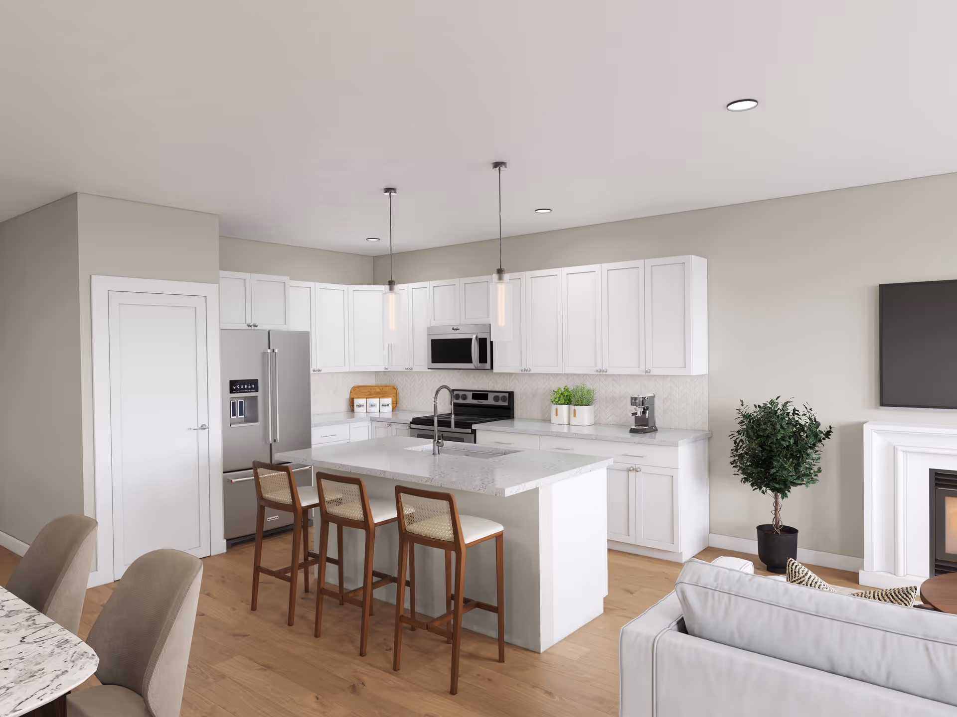 Bright open kitchen with a central island, three bar stools, white cabinetry, stainless appliances, and an adjacent living area.