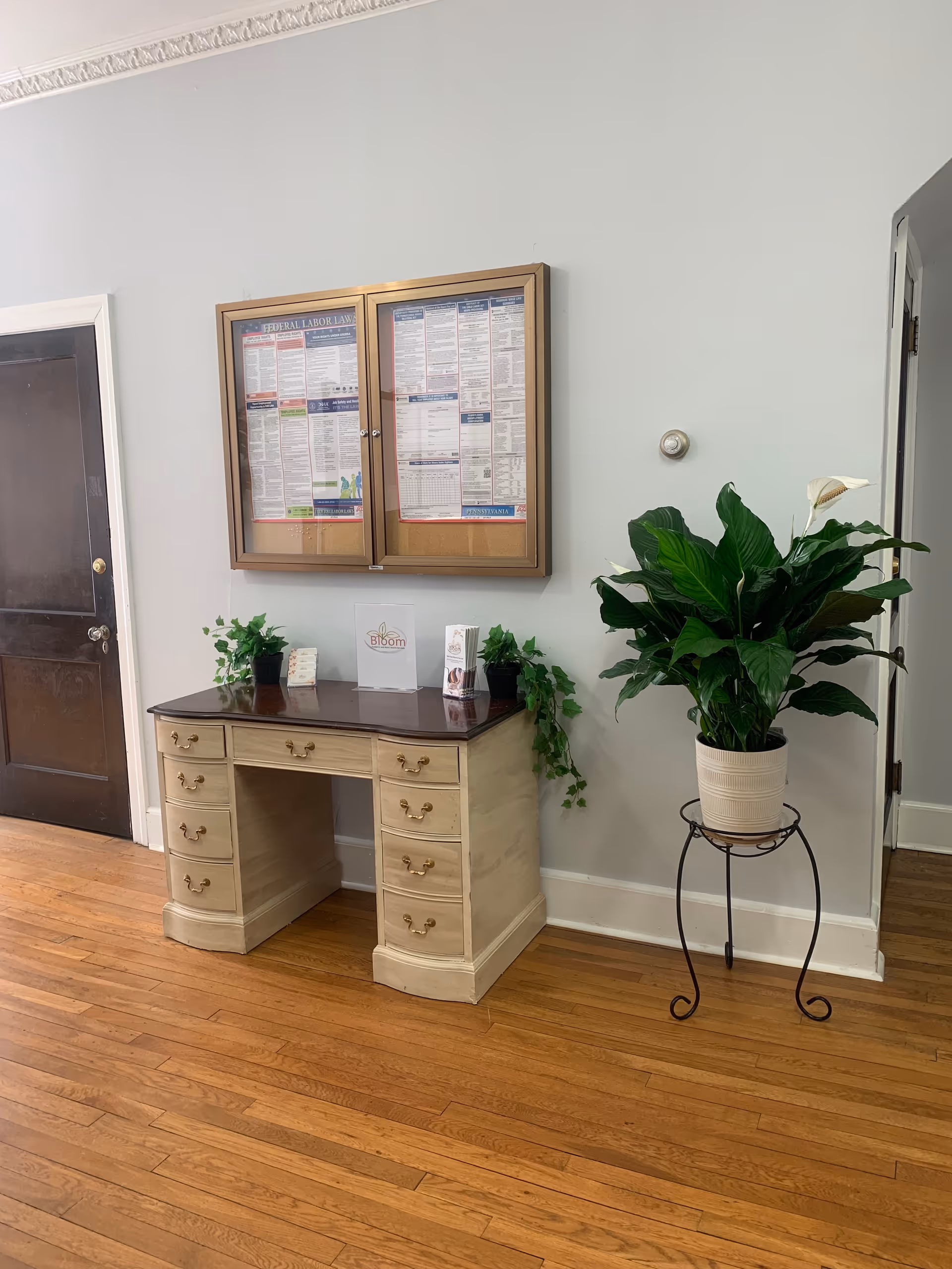 Beige antique-style desk with drawers, a wall bulletin board, and potted plants in a hallway.