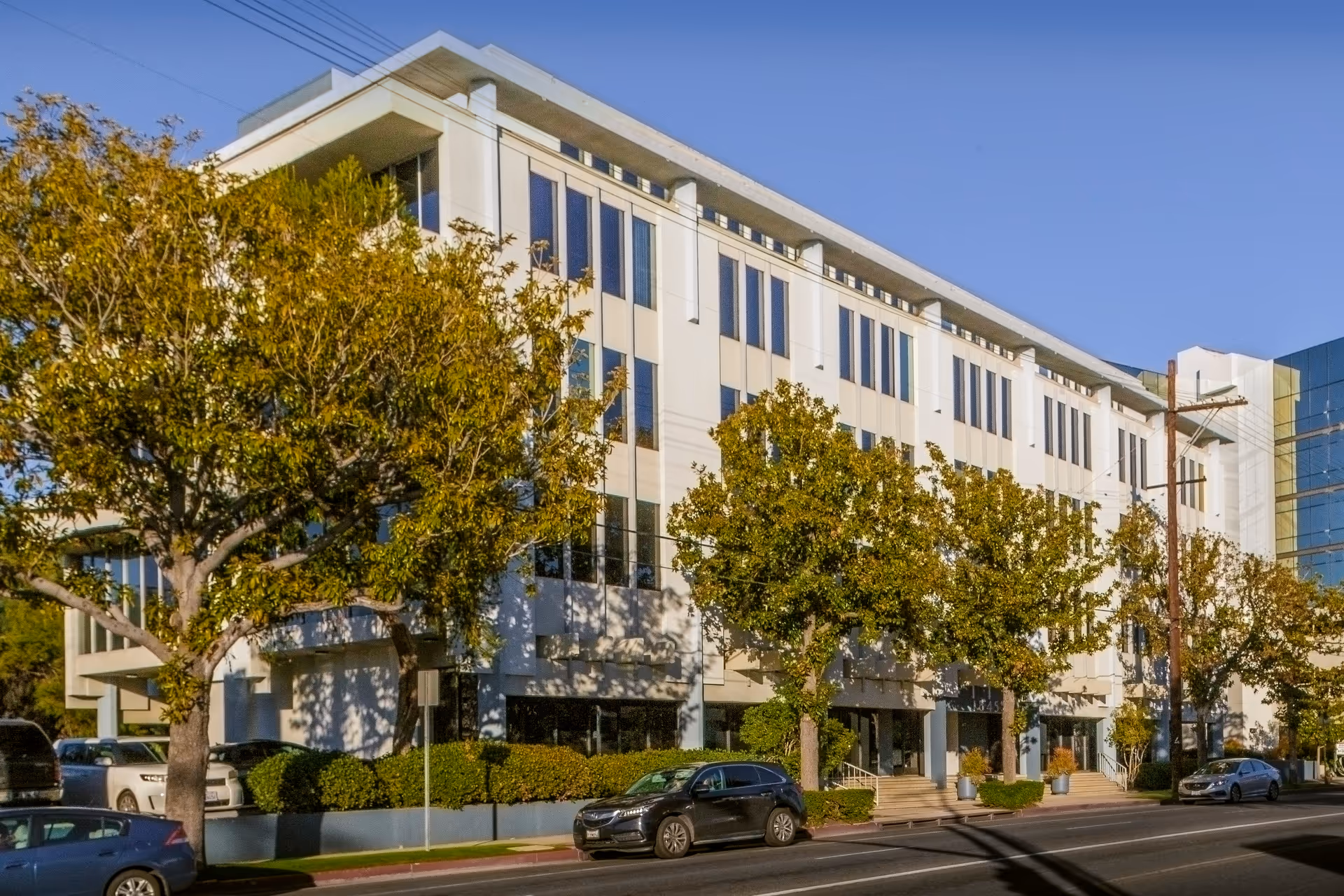 Modern multi-story senior living facility facade with trees lining a city street.