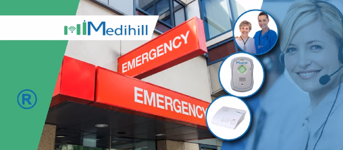 Exterior view of Medihill facility featuring a red emergency entrance and medical devices.