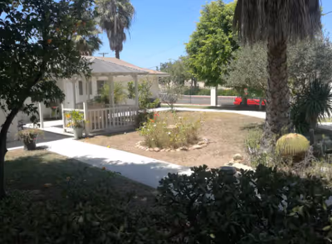 A small garden courtyard with a white porch, palm trees, and a sunny walkway