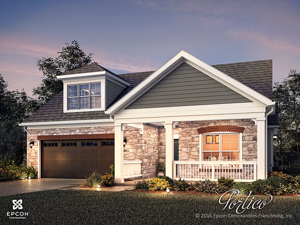 A single-story senior living home exterior with stone facade, garage, and front porch.