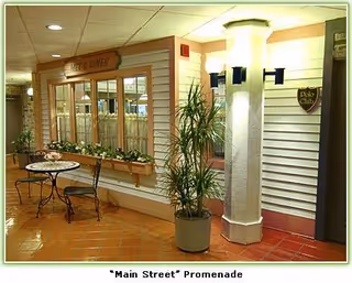 Indoor promenade dining area with a small table, two chairs, and potted plants.