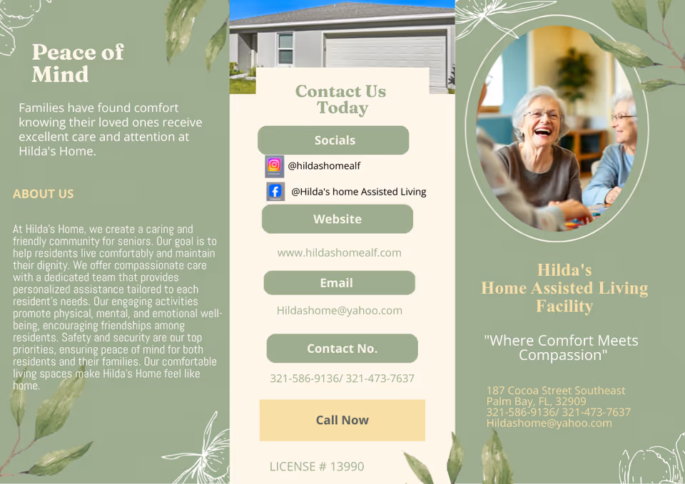 Tri-fold brochure for Hilda's Home Assisted Living with exterior house image and smiling residents.