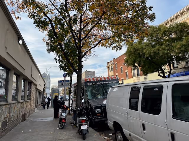 Busy city sidewalk with parked vehicles, pedestrians, a van, and a large tree.