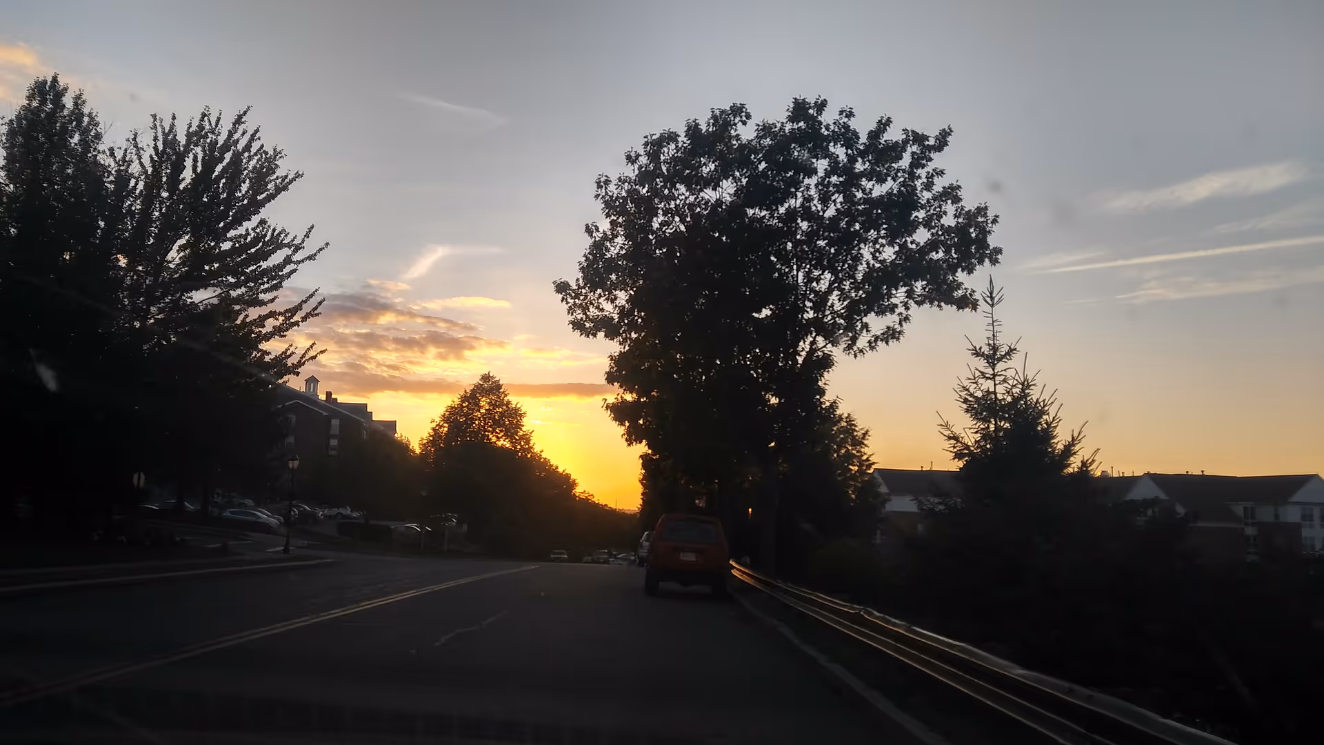 Sunset sky over a tree-lined street with parked cars and residential buildings.