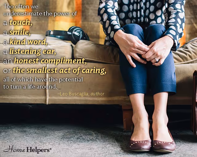 Person seated on a sofa with folded hands, interior living room, quote overlay.