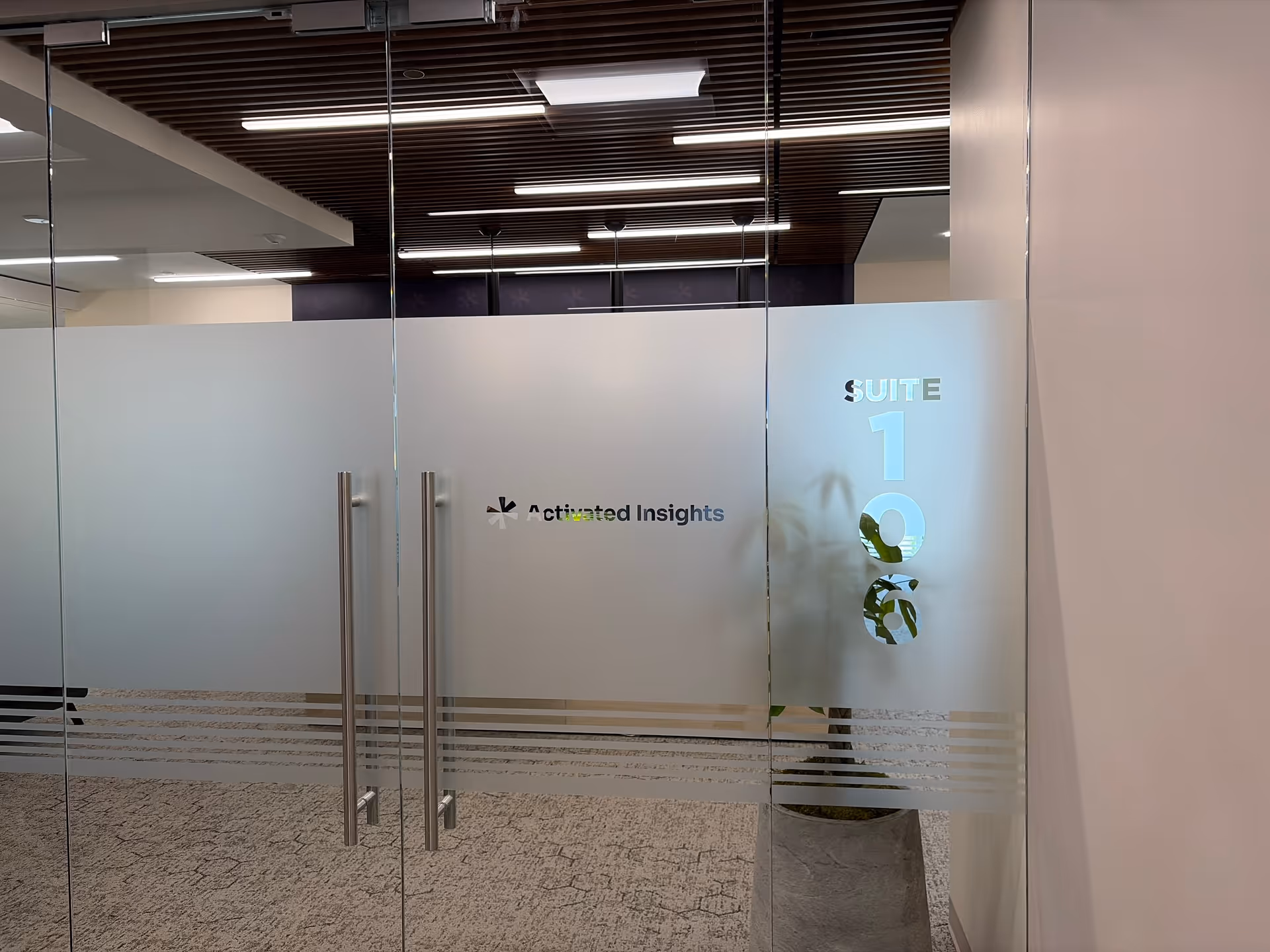 Frosted glass office entrance with Activated Insights signage and a potted plant.