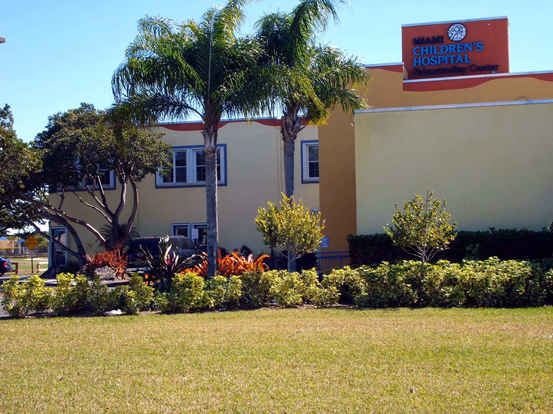 Exterior view of a hospital building with palm trees and landscaped shrubs.