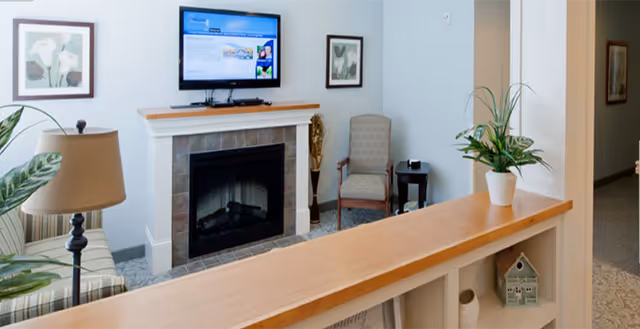 Interior living area with fireplace, TV, seating, plants, and a front desk counter.