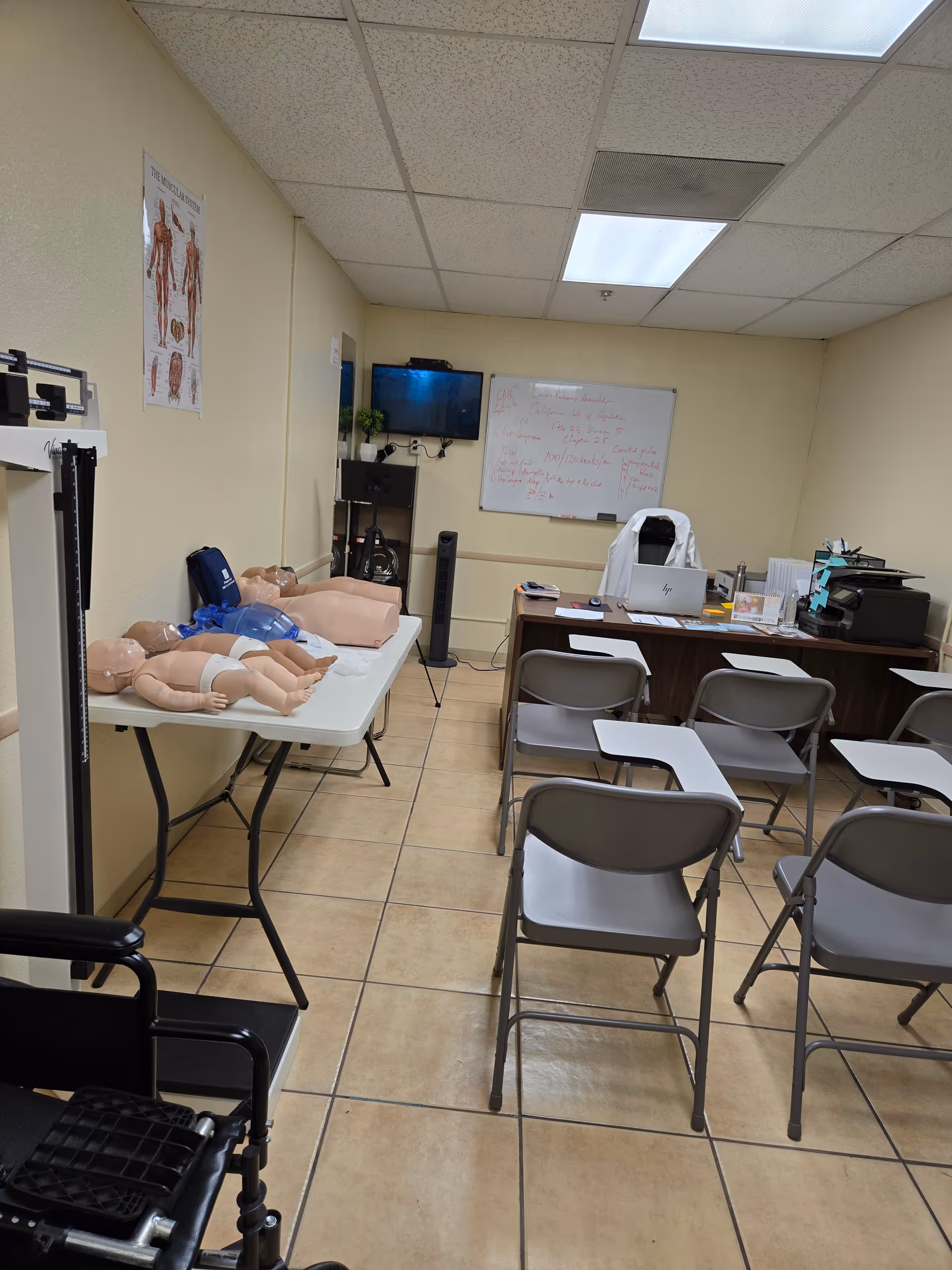 A training room with CPR mannequins on a table, chairs, whiteboard, and equipment.