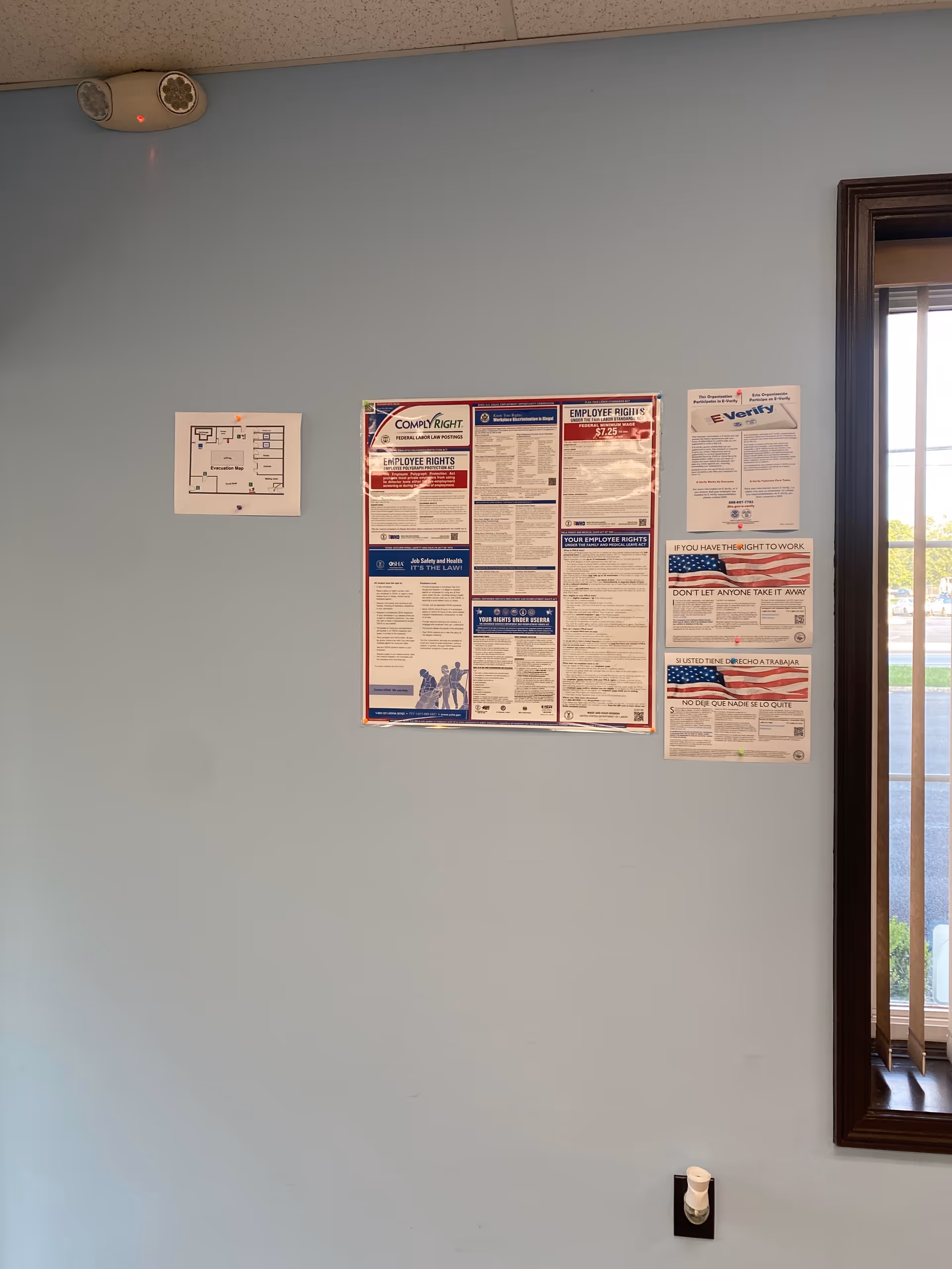 Blue wall with safety notices and a window, no people visible in hallway
