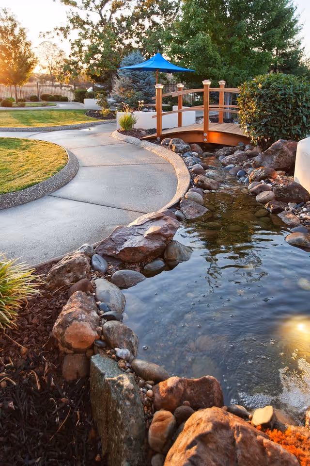 A serene outdoor garden area at Westview Healthcare Center featuring a curved concrete pathway, a small wooden bridge over a rock-lined stream, lush green trees and bushes, and a blue umbrella providing shade in the background during sunset.