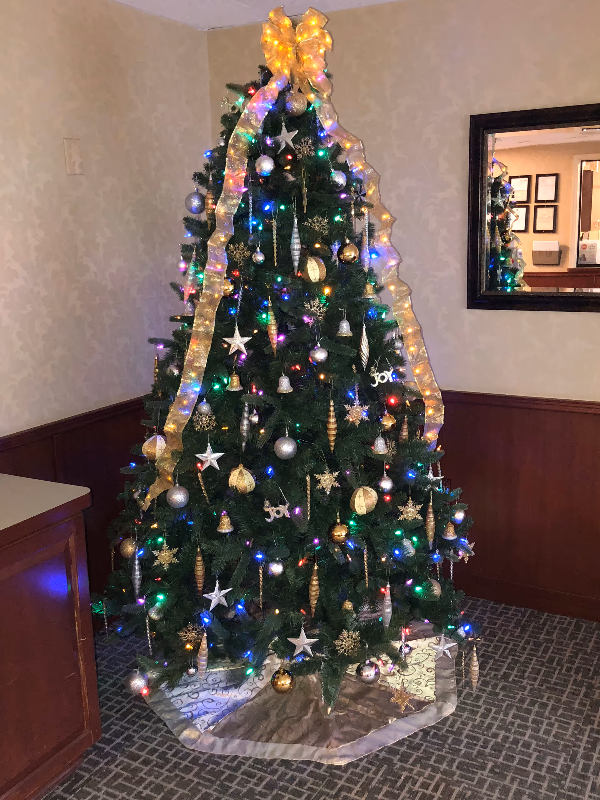 Decorated Christmas tree in a lobby with wall paneling and a mirror.
