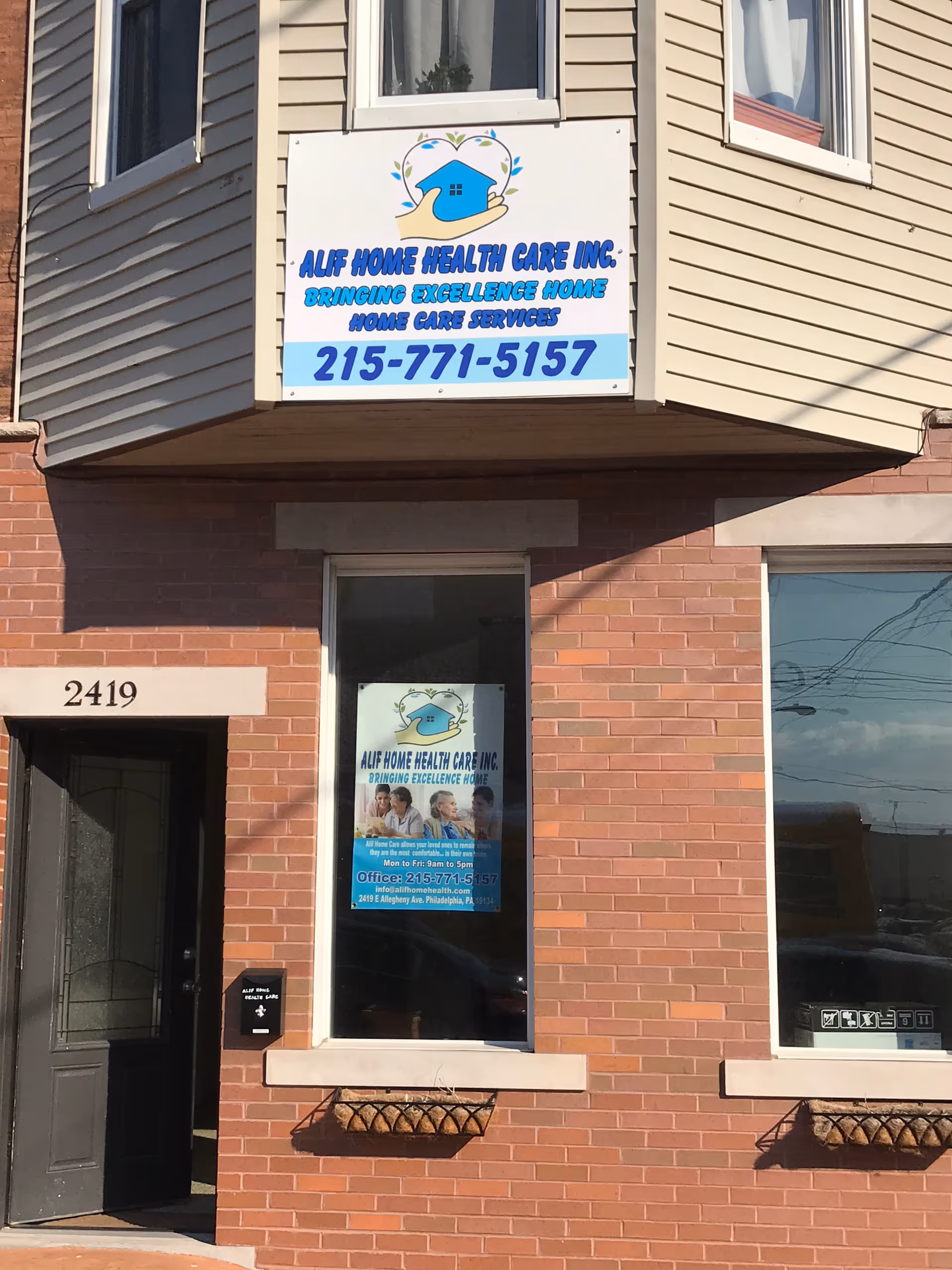 Brick building with a large Alif Home Health Care Inc. sign above the entrance.