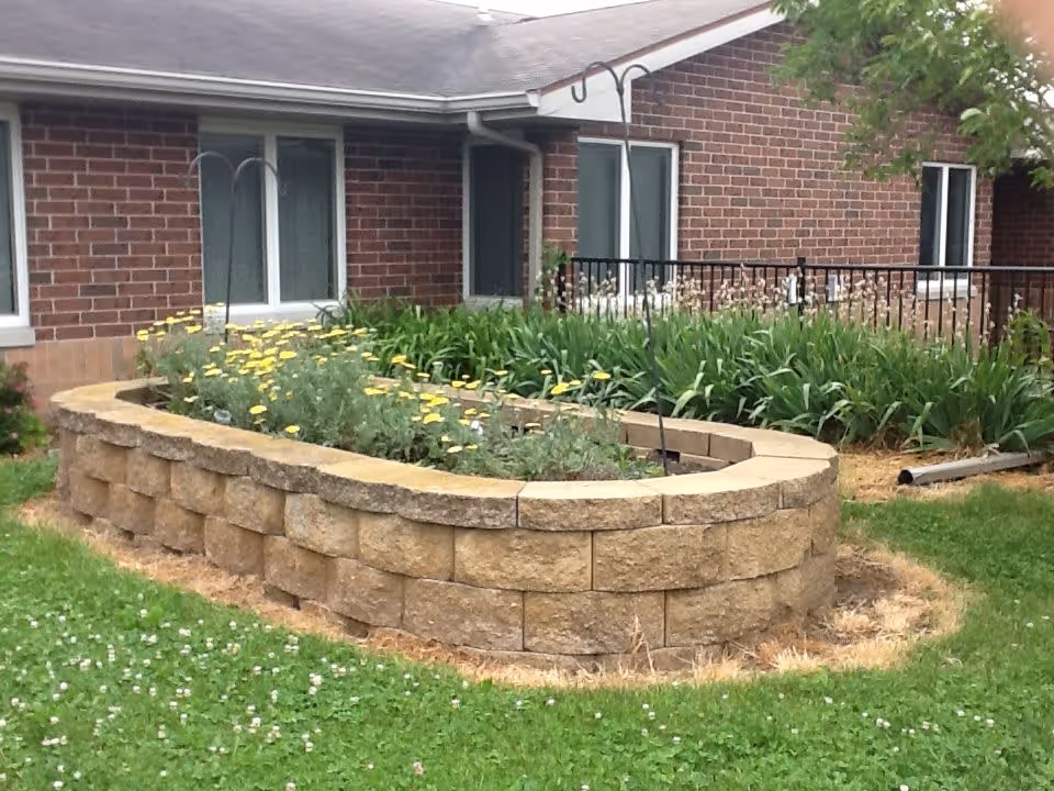 Raised stone planter with yellow flowers in front of a brick residential care building.
