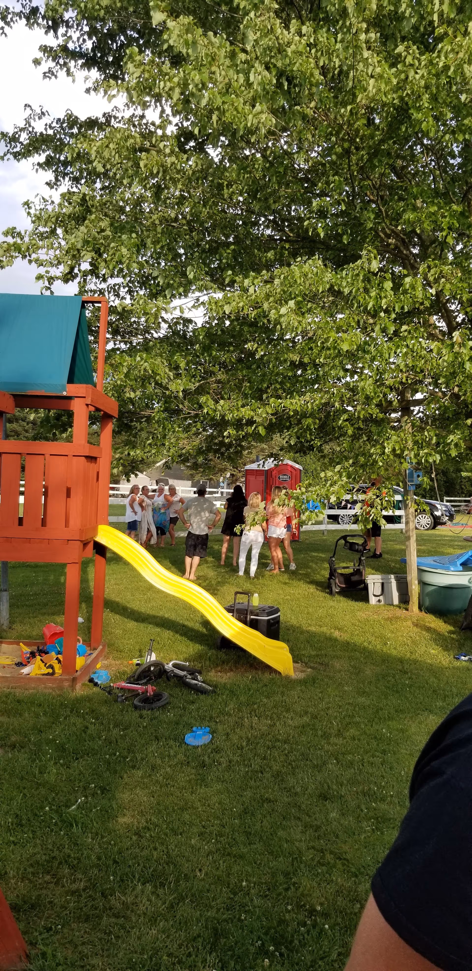 Grassy outdoor area with a bright yellow slide and people gathered near trees.