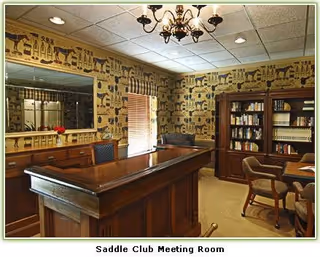 Saddle Club Meeting Room with a wooden desk, tall bookshelves, and a chandelier overhead.