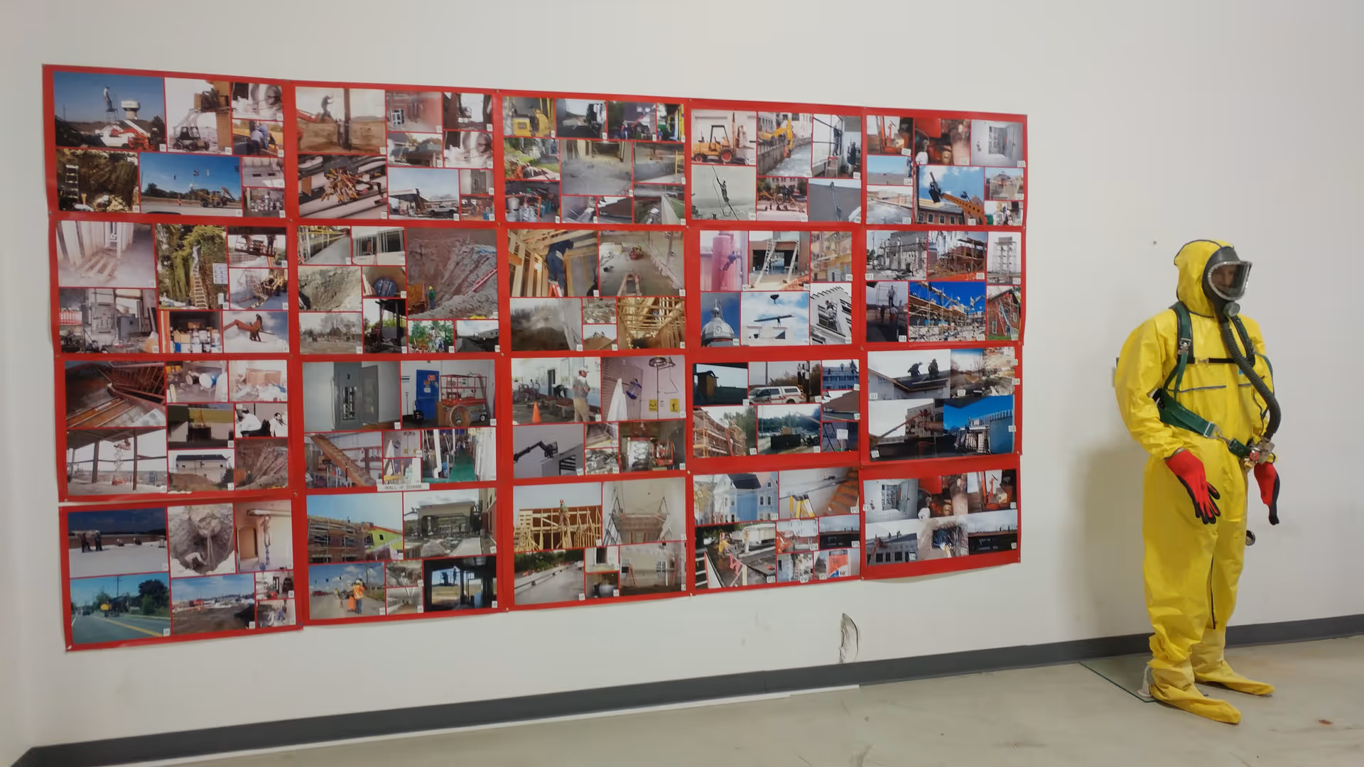 Wall-mounted red-framed photo collage beside a yellow hazmat suit in an interior