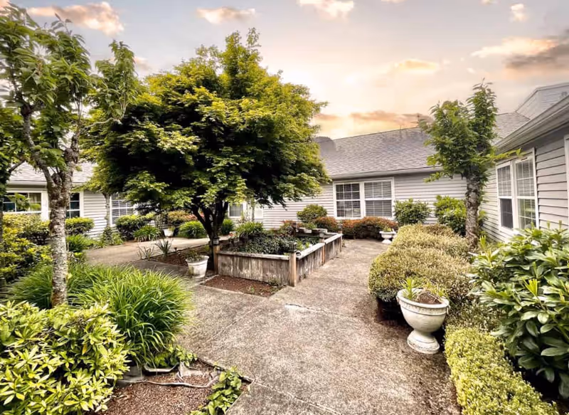 Exterior courtyard of a senior living facility with trees, planters, and a concrete walkway.