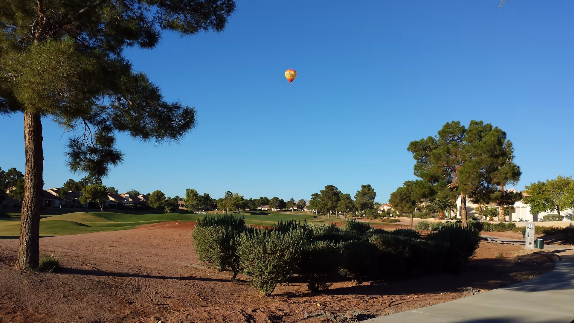 Sun City Summerlin outdoor landscape with trees, shrubs, a green, and a hot air balloon.
