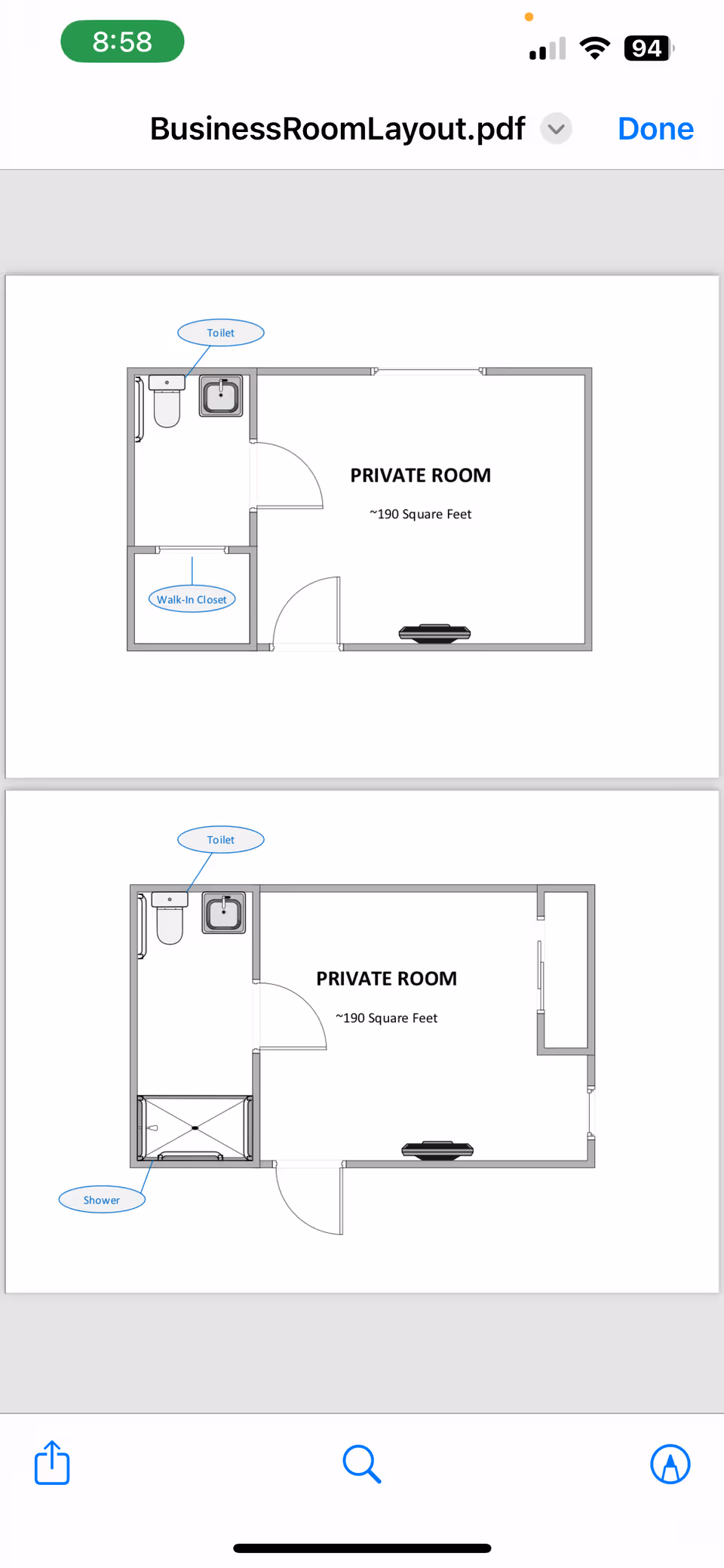 Two floor plan diagrams of a private room with bathroom and walk-in closet.