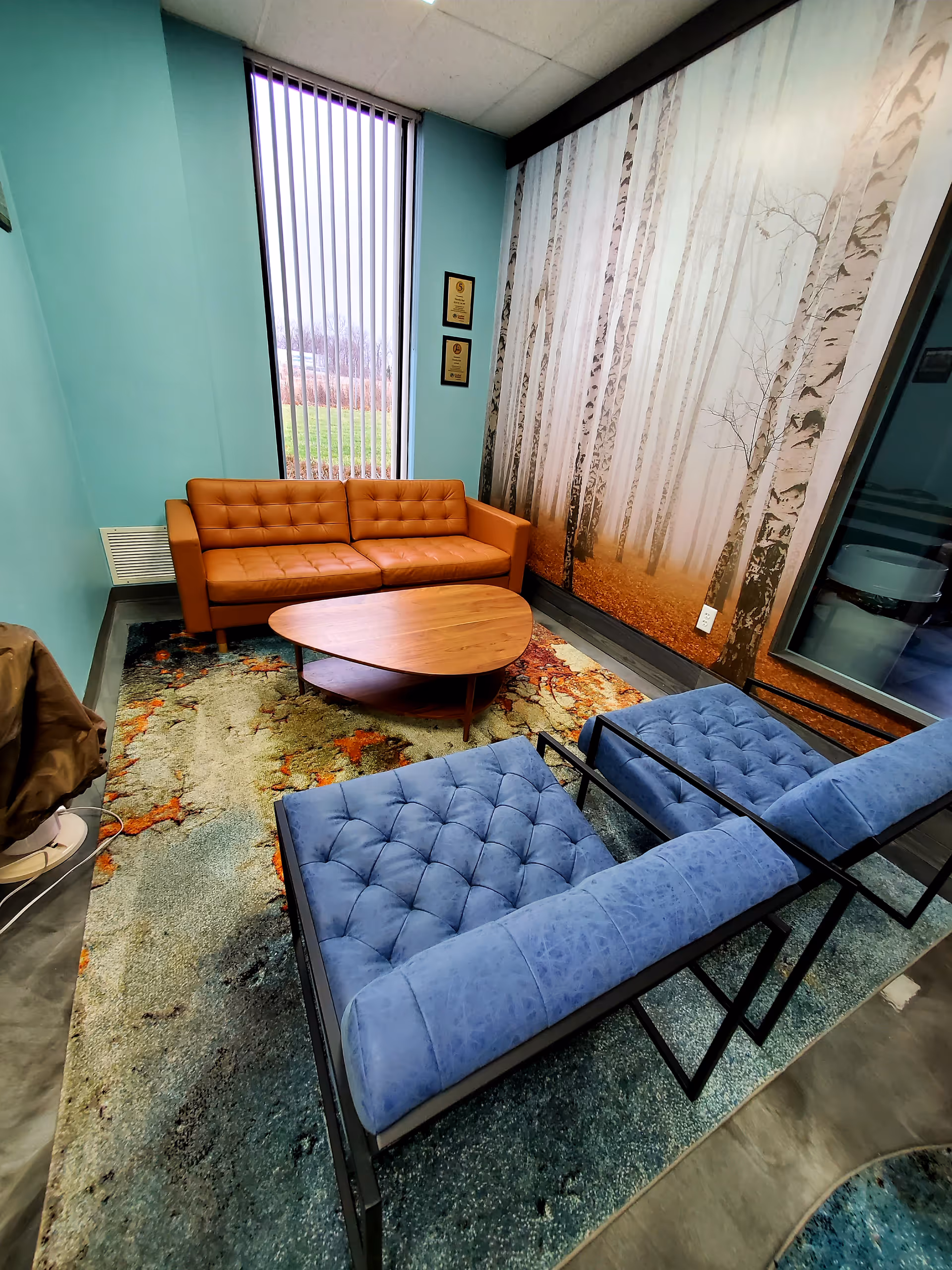 Teal-walled lounge with orange sofa, blue tufted chairs, birch-tree mural, and wooden coffee table.