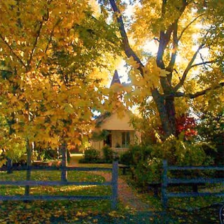 Autumn trees surround a small front building with a wooden split-rail fence and path.