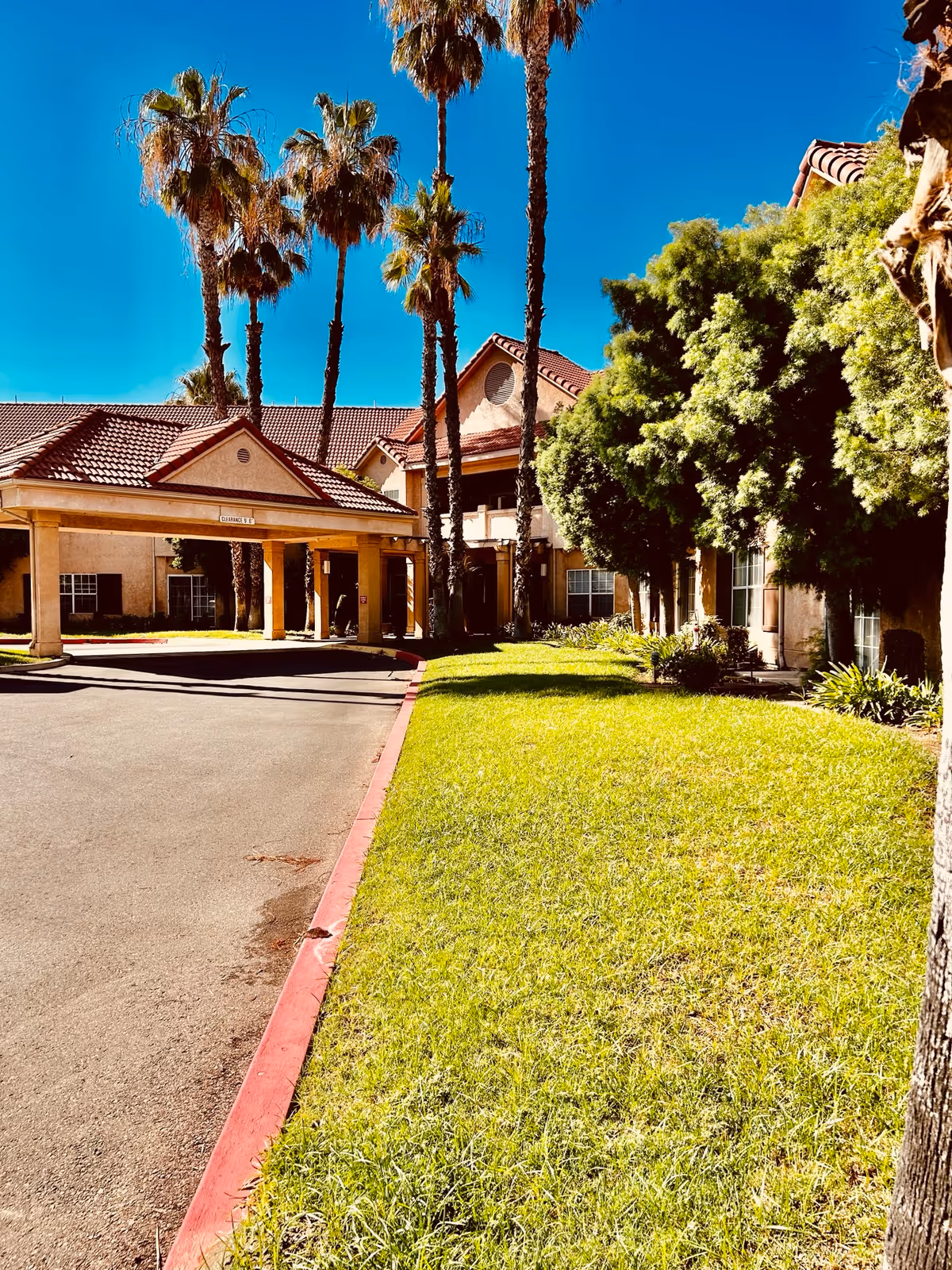 Exterior view of a senior living facility with a covered entrance, palm trees, green lawn, and clear blue sky.