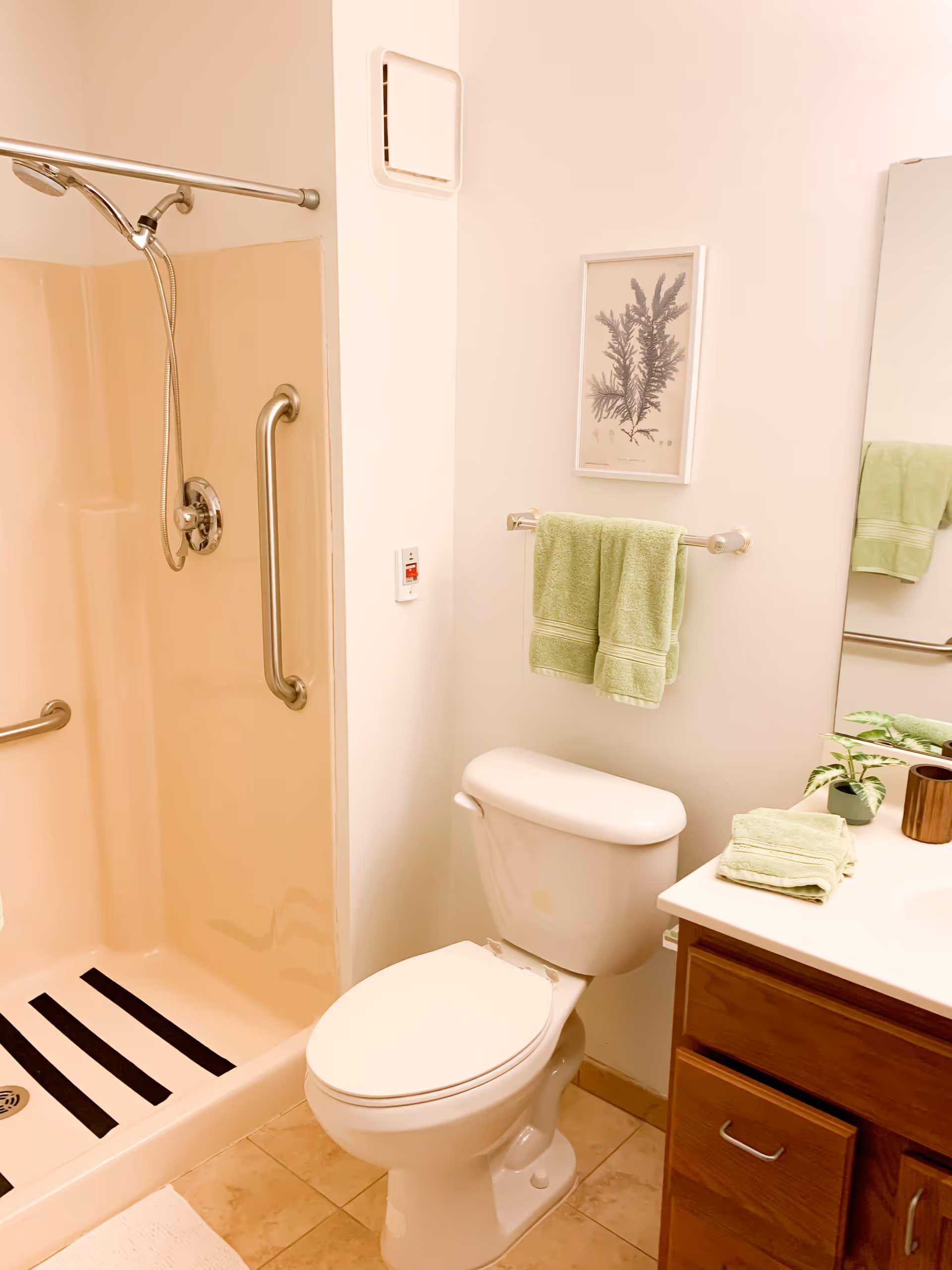 Accessible bathroom with a walk-in shower, toilet, sink, towel bars, and mint towels.