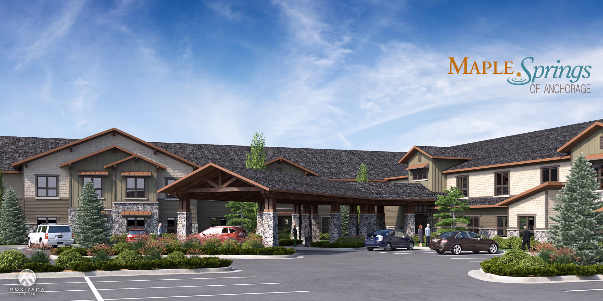Exterior view of Maple Springs of Anchorage, showing the entrance and cars in the parking lot.