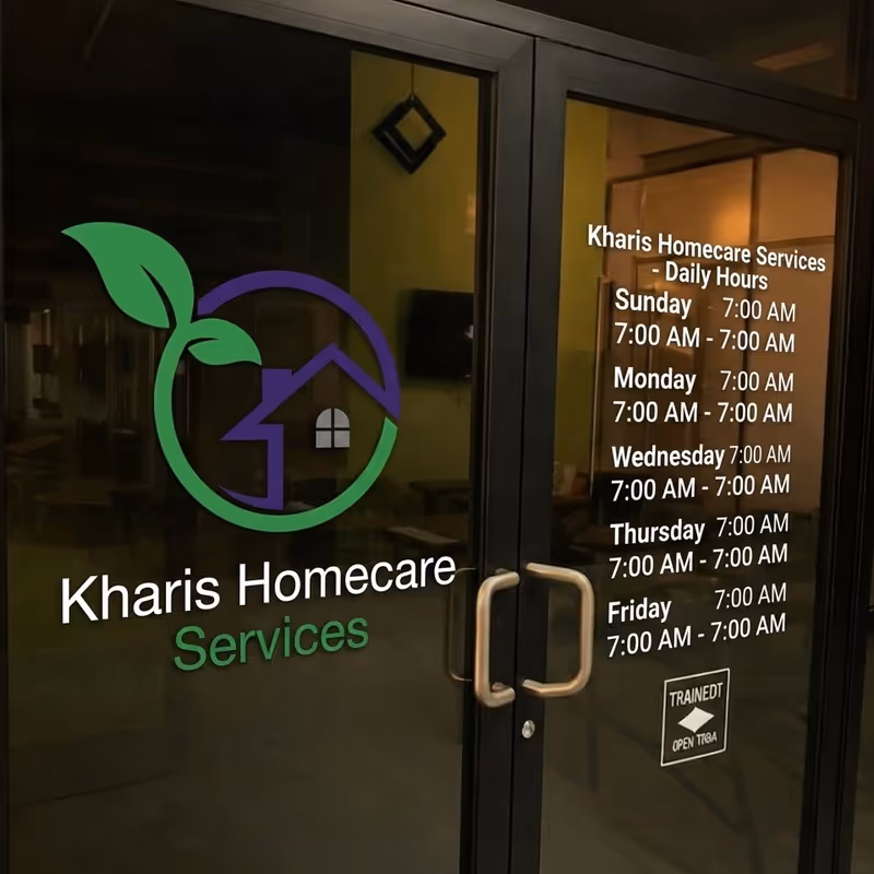 Glass door displaying logo and daily operating hours for Kharis Homecare Services.