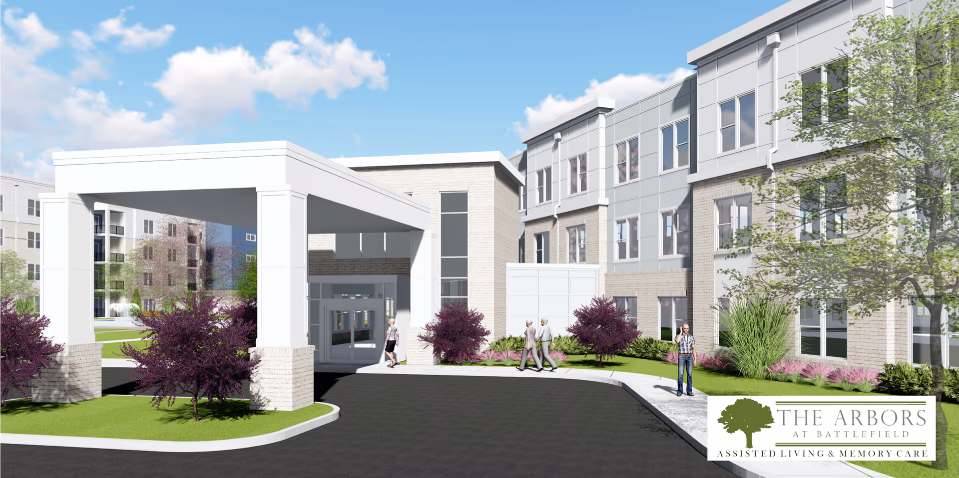 Exterior view of The Arbors assisted living building with entrance canopy and landscaped grounds.