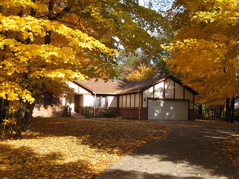 A single-story house with a two-car garage surrounded by trees with bright yellow autumn leaves. The driveway and ground are covered with fallen leaves, and sunlight filters through the foliage.