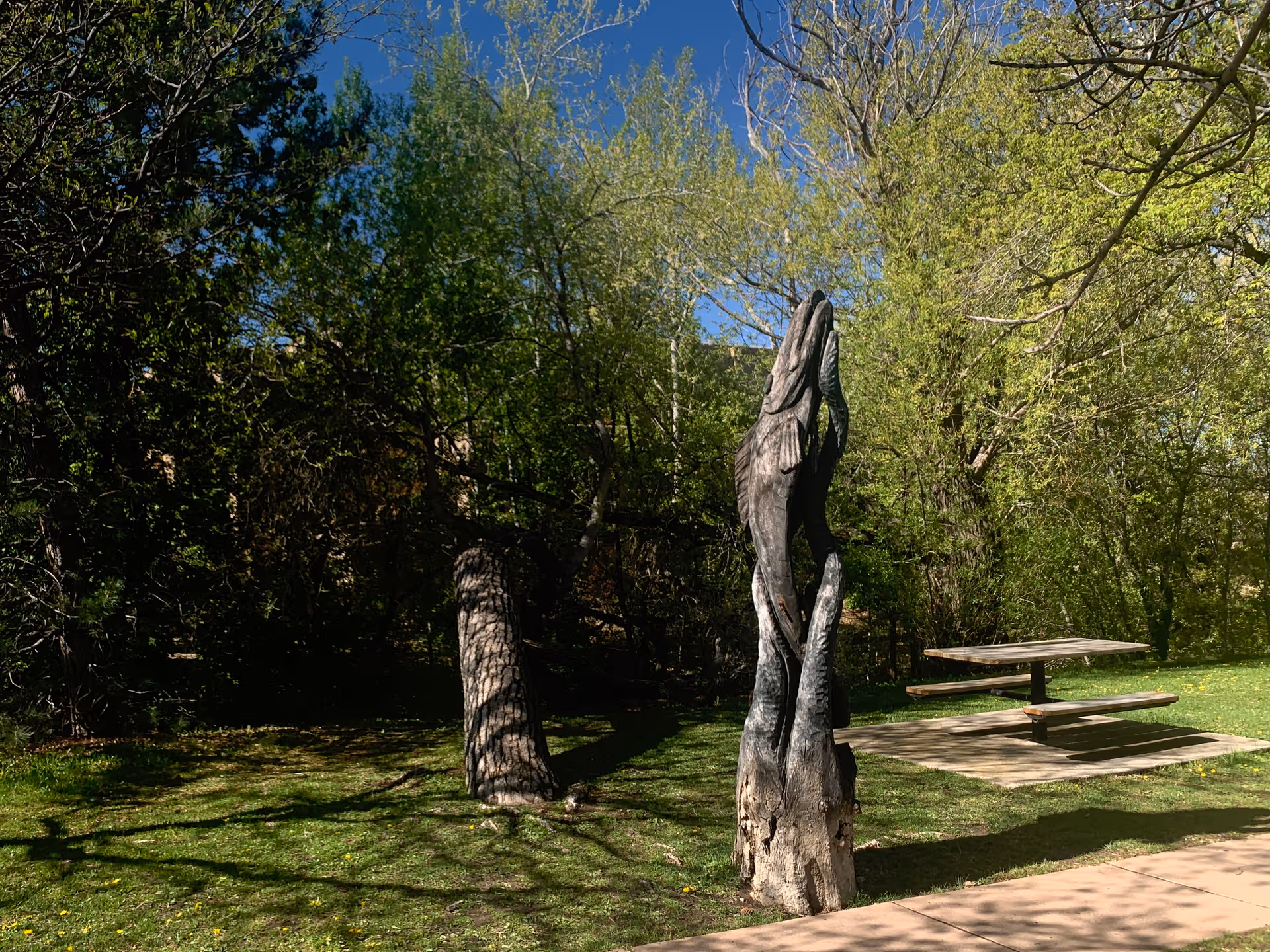 Outdoor park area with carved wooden sculpture, trees, and a picnic table.