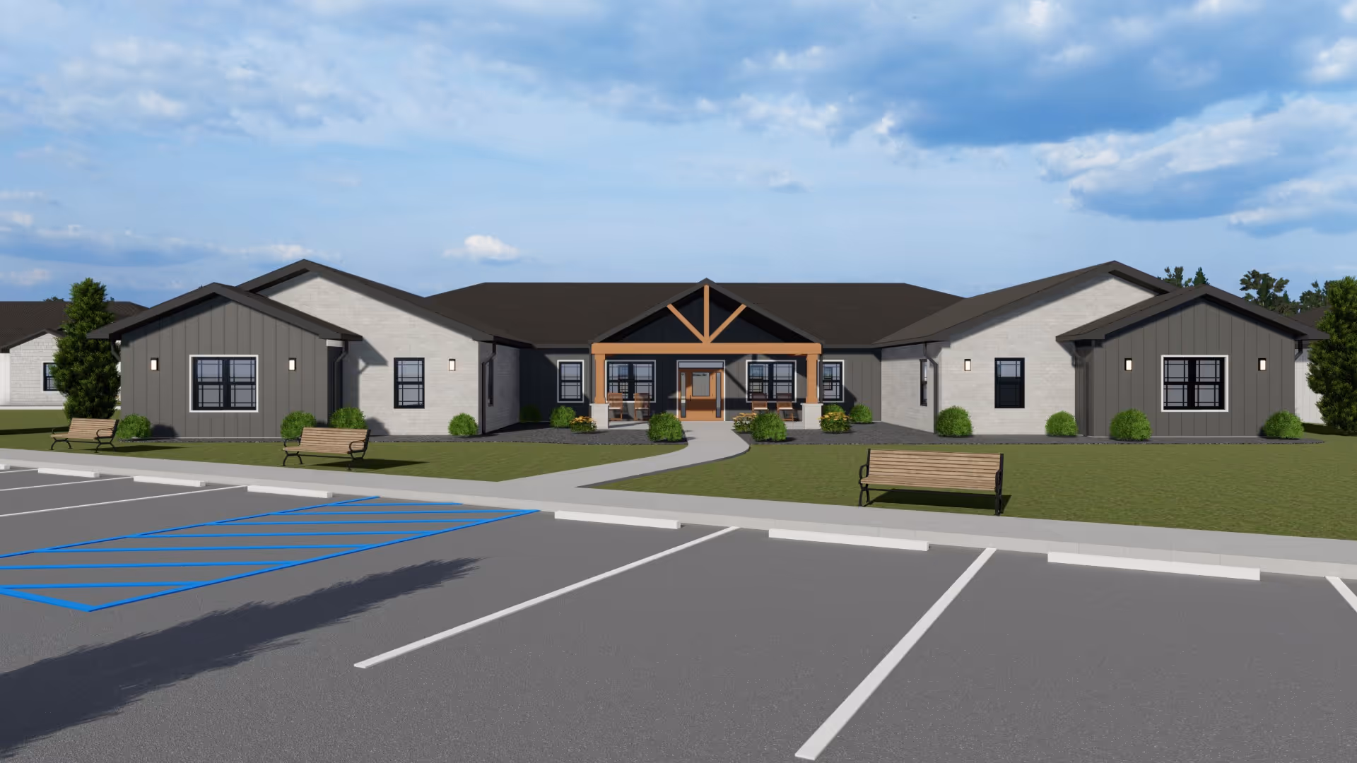 3D rendering of Crown Point Assisted Living exterior with parking lot and benches.