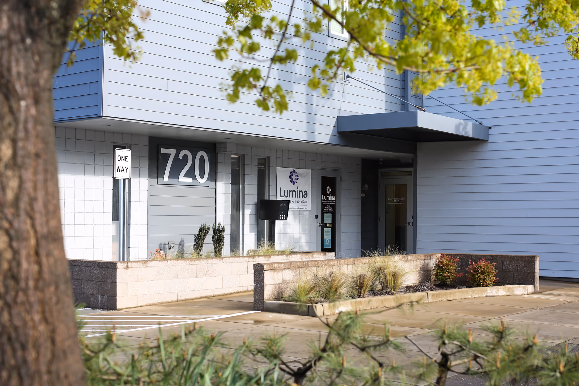 Exterior view of Lumina Hospice & Palliative Care building entrance at 720.