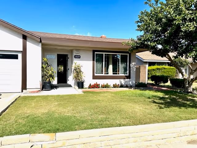 Front exterior view of a single-story residential building with a well-maintained lawn, two potted plants near the entrance, a large window with curtains, and a tree on the right side under a clear blue sky.