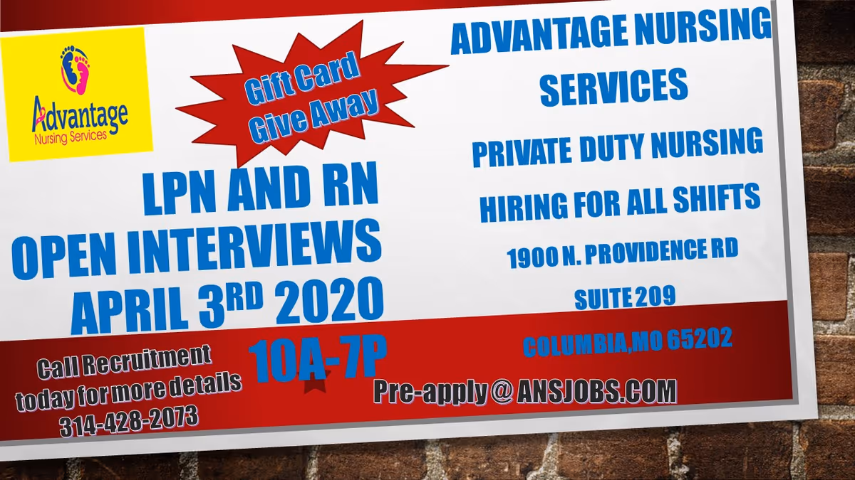 Bright recruitment sign for Advantage Nursing Services on a brick exterior wall.