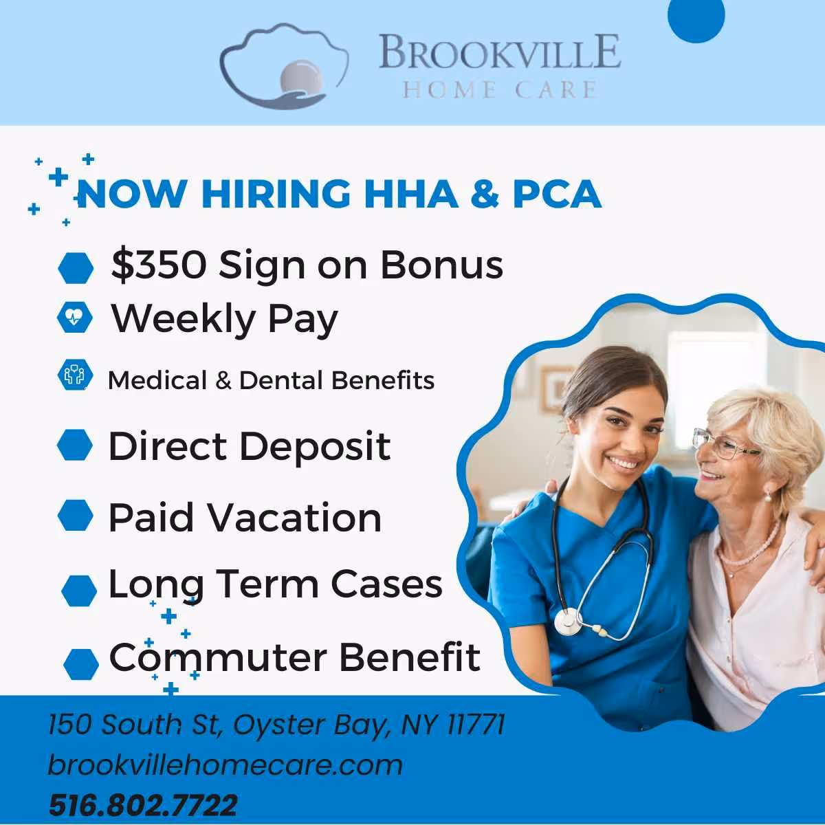 Indoor Brookville Home Care ad featuring a nurse with an elderly patient beside benefits list.