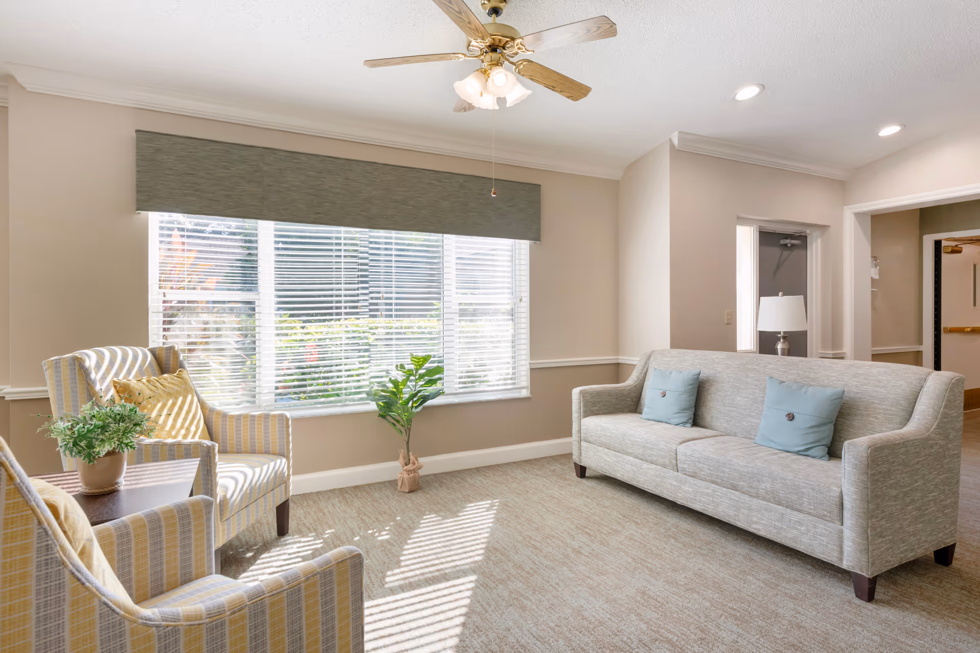 Sunlit sitting area with a gray sofa, two striped armchairs, a potted plant, and a large window with blinds.