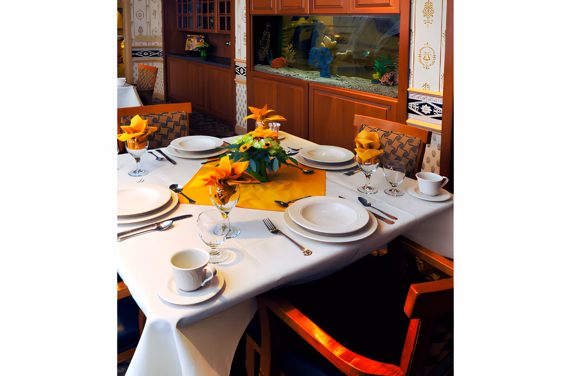 A formally set dining table with plates, glasses, yellow napkins and a floral centerpiece, with an aquarium and wooden cabinets in the background.
