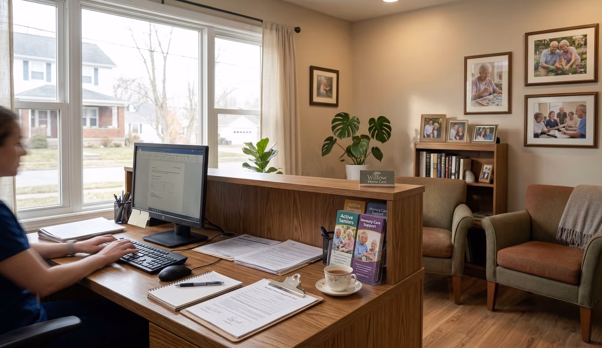 Reception desk at Willow Home Care Services with computer, brochures, and a seating area.