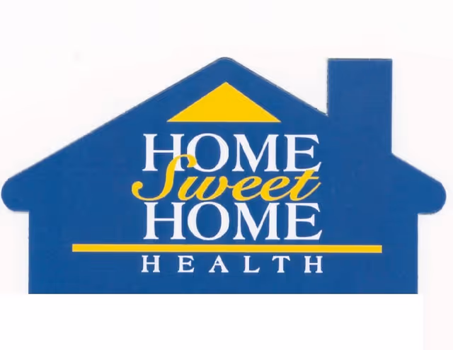 Blue house-shaped sign reading Home Sweet Home Health with yellow accent