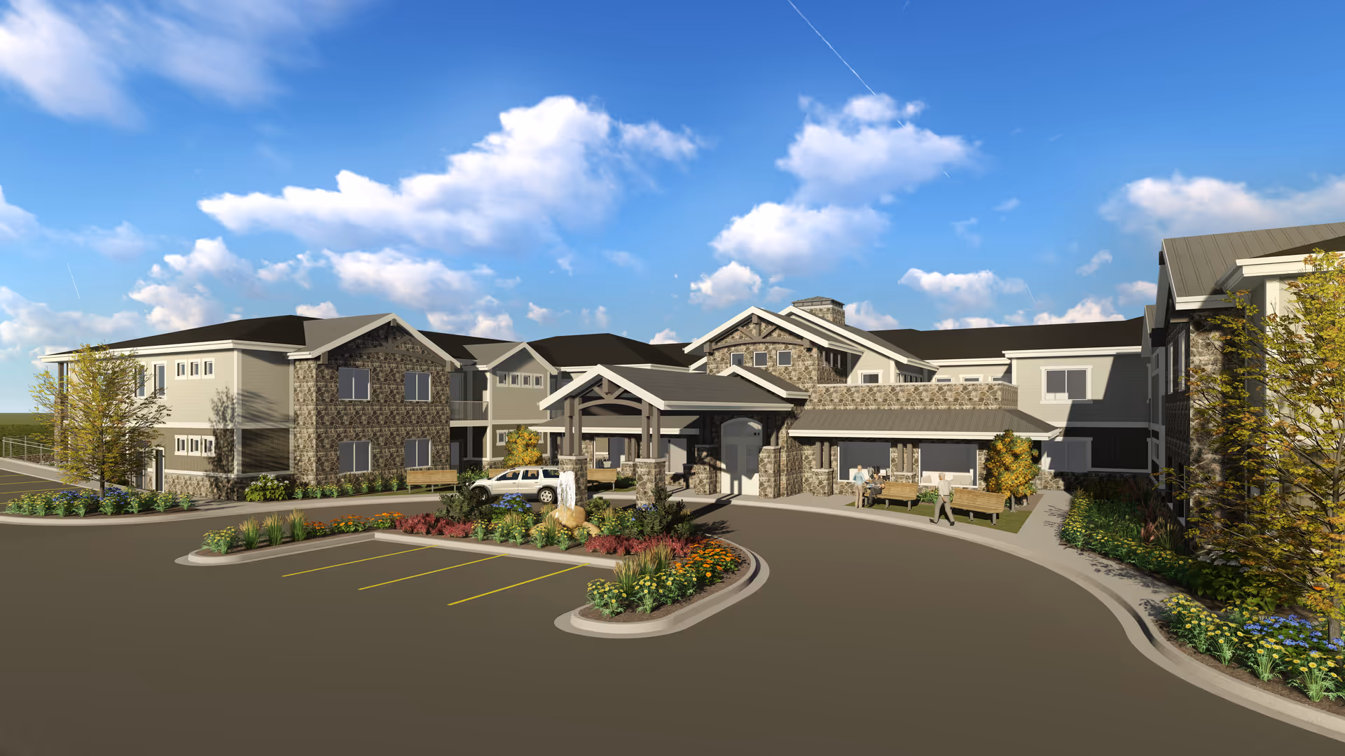 Exterior view of Bellaview Assisted Living facility with stone facade, entrance, parking, and landscaping.