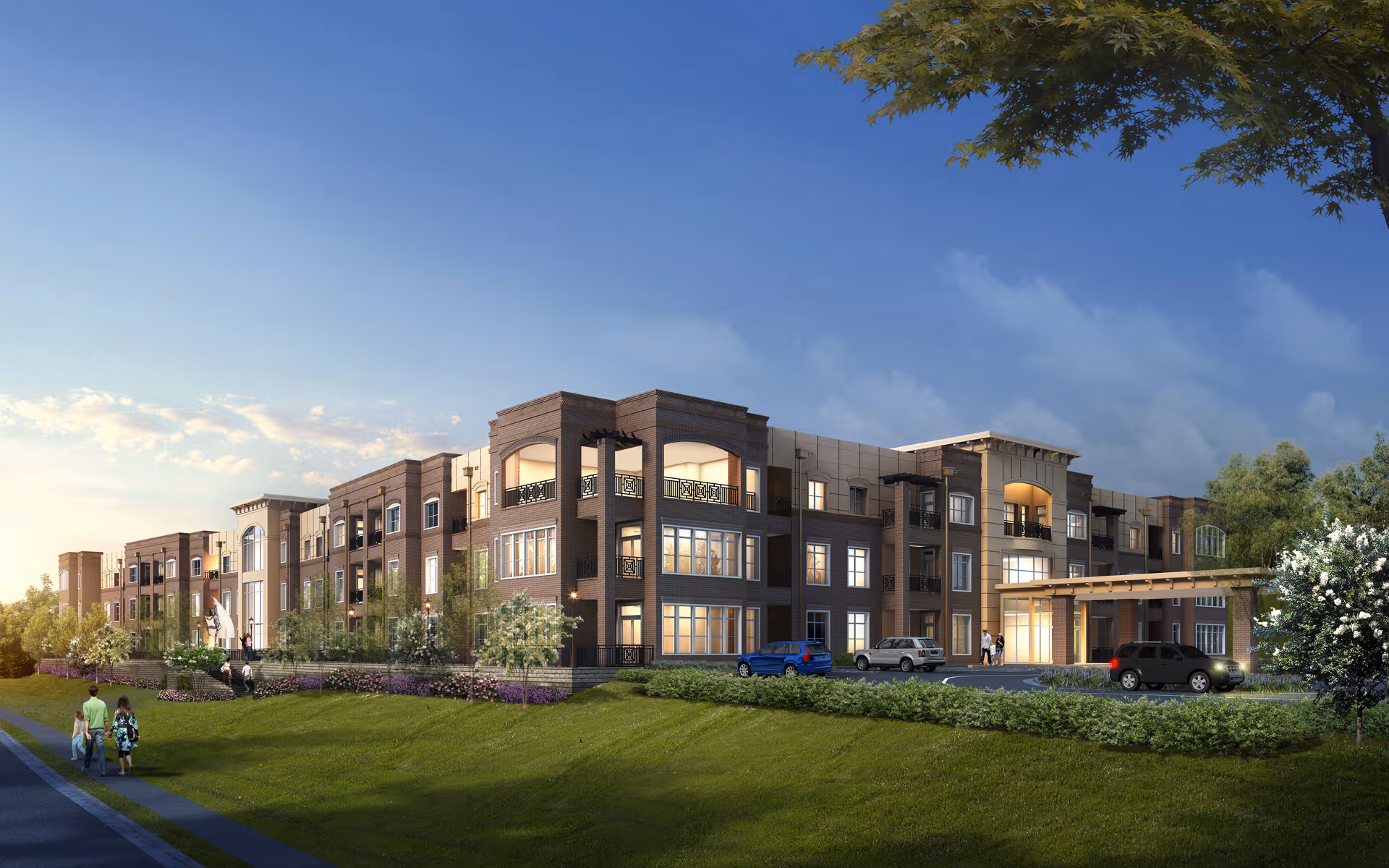 Exterior view of Heartis Suwanee Senior Living building with landscaping and cars