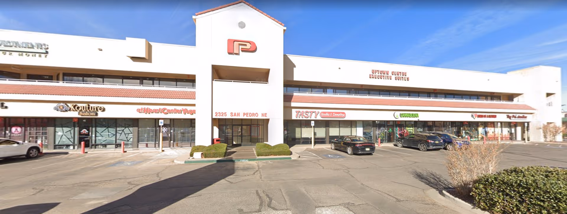 Exterior view of a strip mall with diverse storefronts and parked cars.