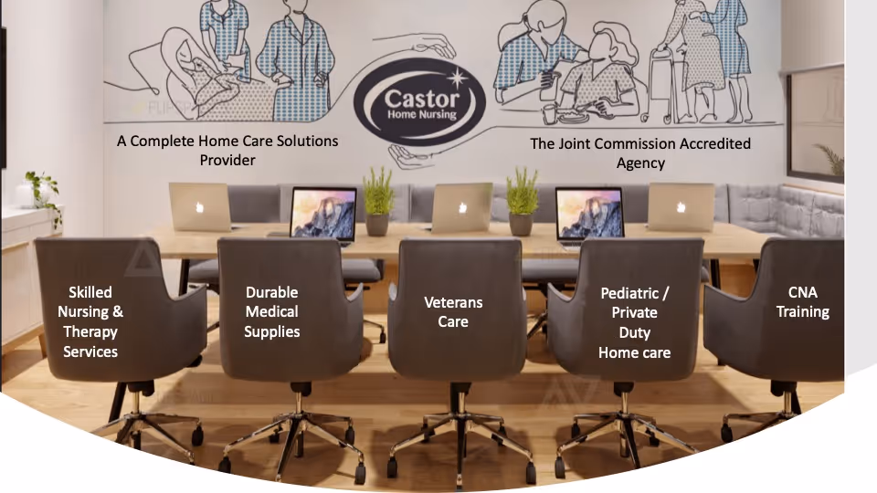 Conference-style meeting room with laptops around a long table and a branded wall.