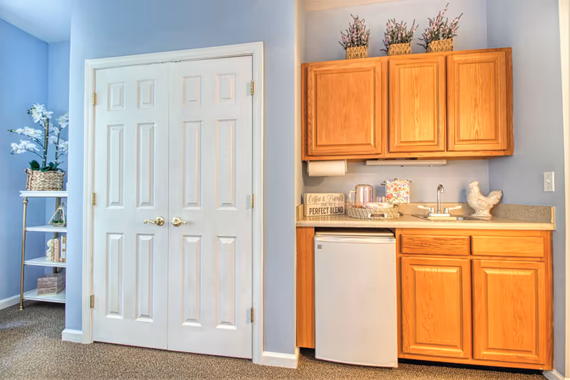 Blue-walled kitchenette with wooden cabinets, a mini fridge, sink, and decorative plants.